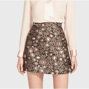 Alice & Olivia Jessa Brocade Mini Skirt A-Line Brown Metallic Floral Sz 4